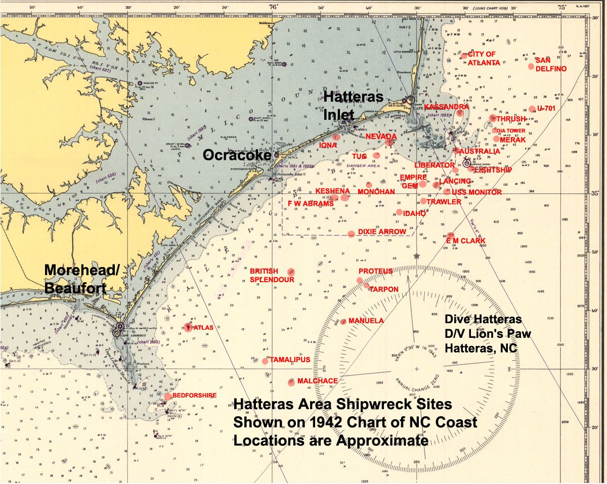 1942 Chart of Hatteras and the appx locations of Shipwrecks