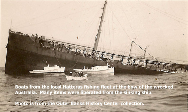Photo of local fishing boats at the Australia wreck after the attack.  Photo from the Outer Banks History Center.