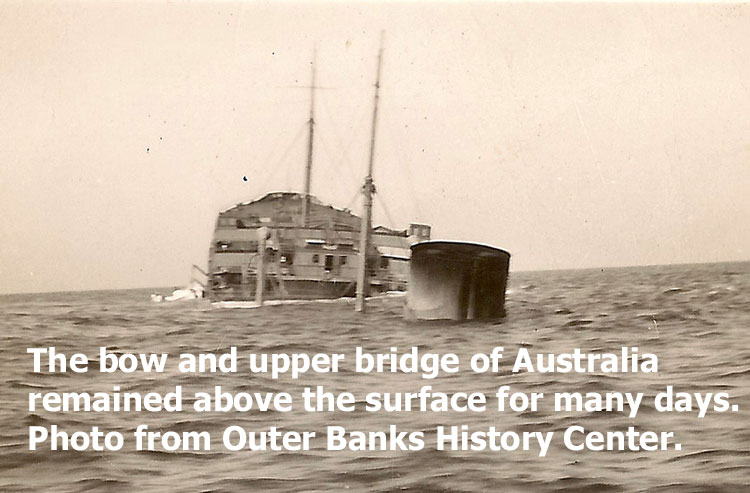 Photo of Australia after attack with upper bridge and bow exposed.  Photo is from the Outer Banks History Center.
