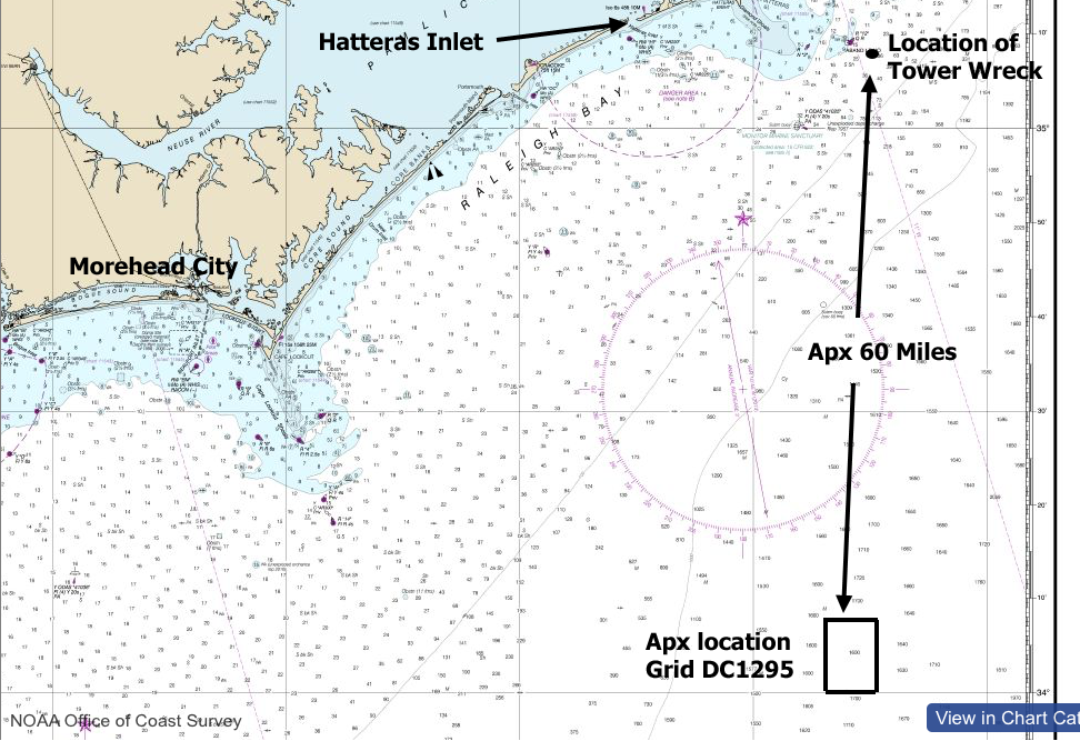 Copy of nautical chart showing grid DC1295 location.