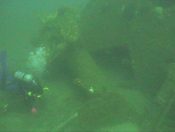 Diver seeks artifacts on the Liberator, note the large anchor directly above and behind the diver. (DiveHatteras photo)
