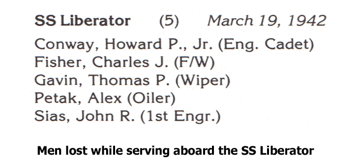 Men lost while serving aboard the SS Liberator, March 19, 1942