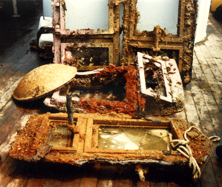 Rectangular Windows recovered from Proteus displayed on the deck of the Olympus,  Photo from Alan Russell.