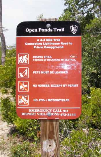 Open Ponds Trail sign is on Lighthouse Road